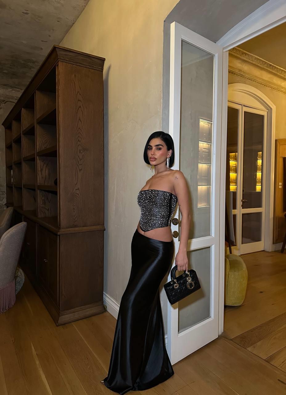 Kuş Gözü Bağlamalı Kristal Taş Detaylı Straplez Takım