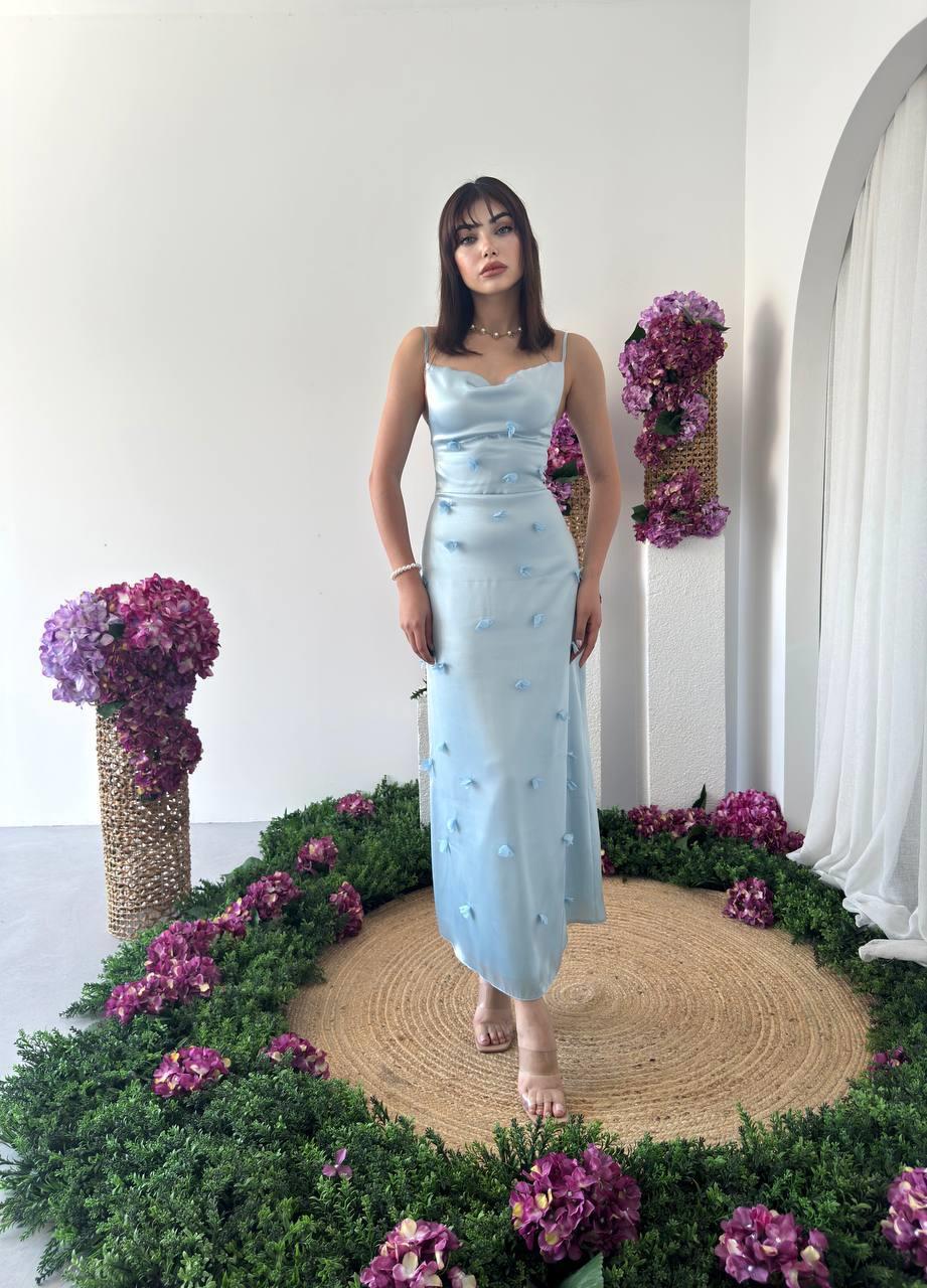 Kadın Tasarım Saten Askılı Çiçek Detay Elbise Sara