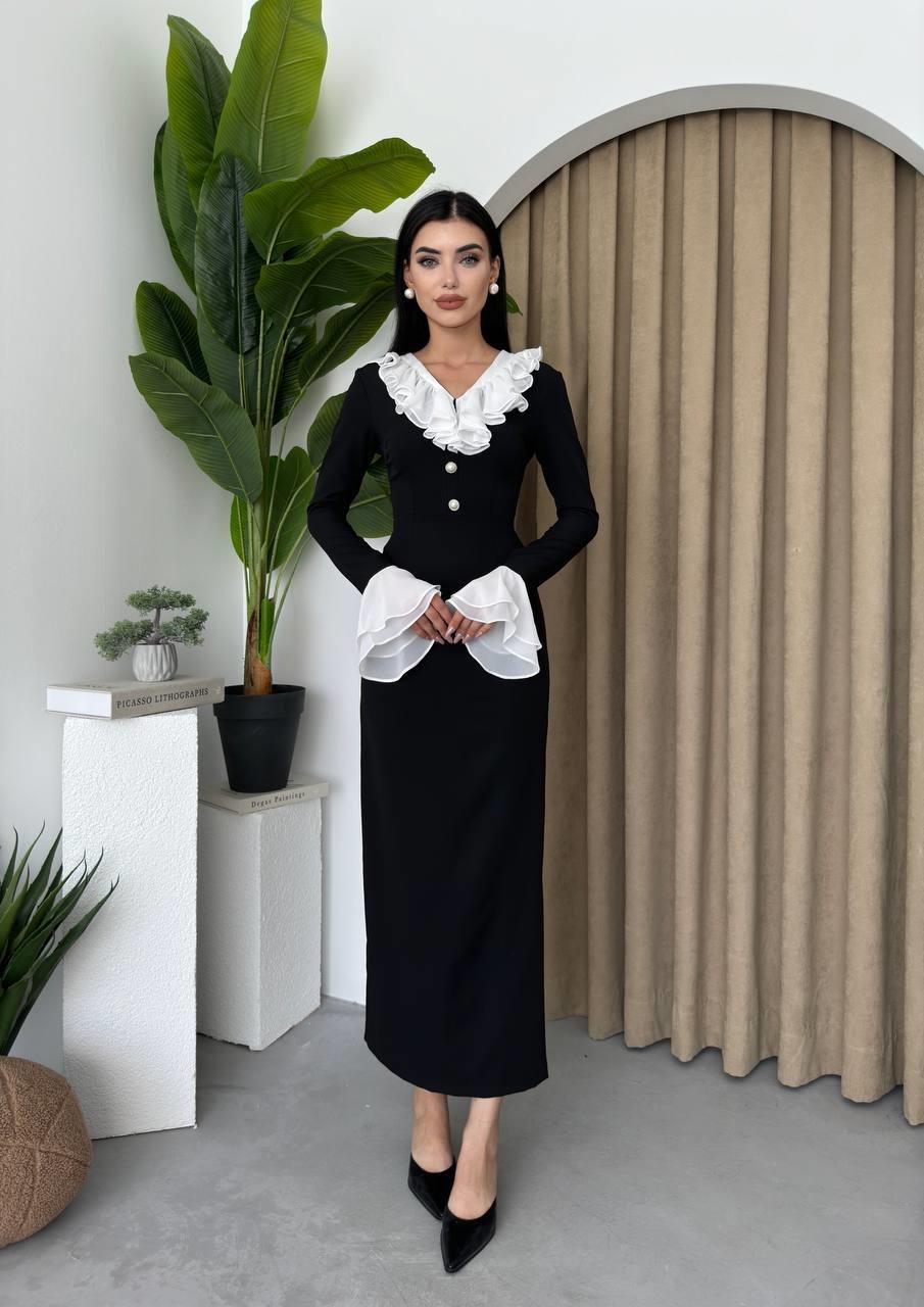 Liplan Yaka Fırfırlı Midi Boy Elbise