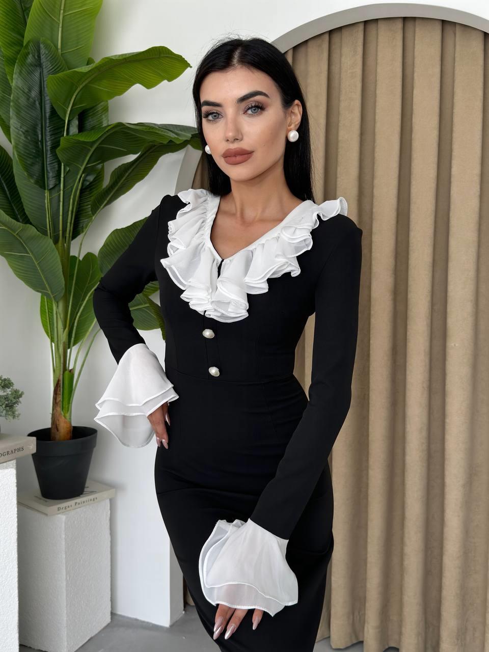 Liplan Yaka Fırfırlı Midi Boy Elbise