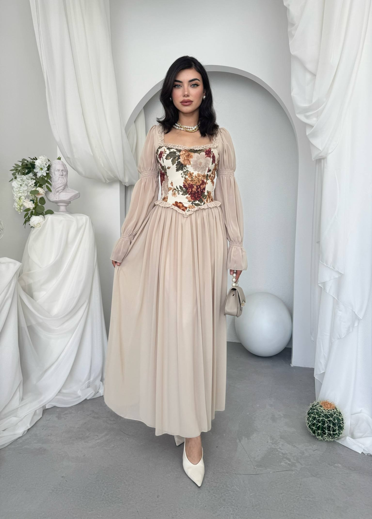 Elfı Çiçek Detaylı Elbise Kod 01041