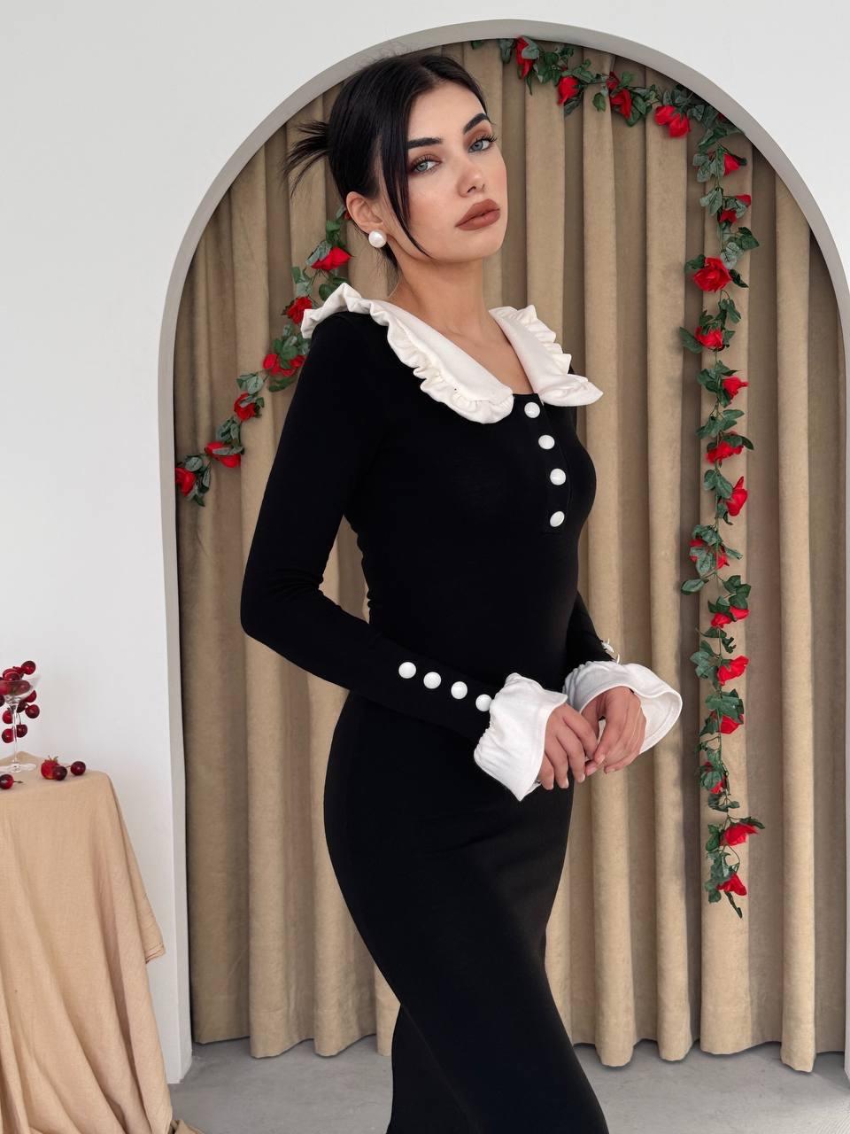 Arlena Retro Fırfır Detay Uzun Triko Elbise