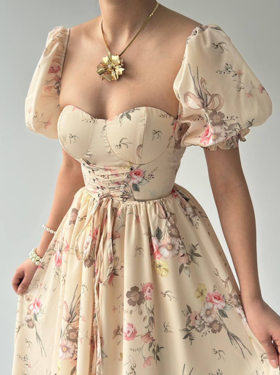 Çiçek Desenli Gloplu Tasarım Zoe Elbise