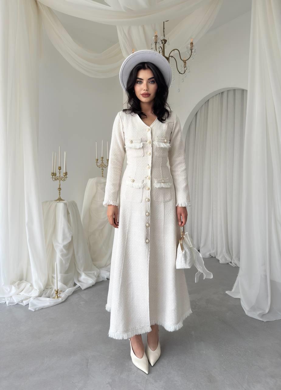 Fari Düğme Detaylı Uzun Elbise