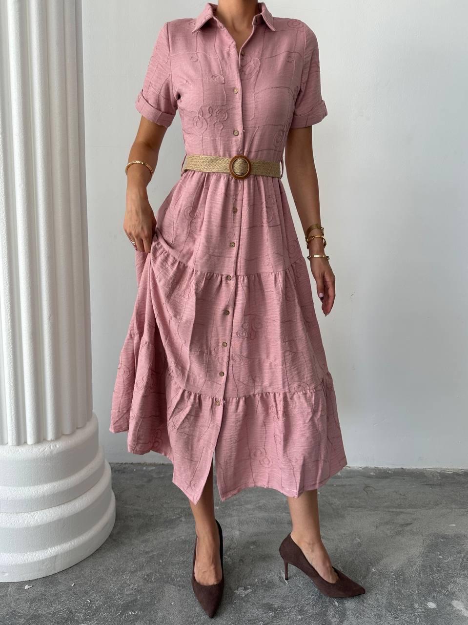 Sofya Keten Kemerli Midi Elbise