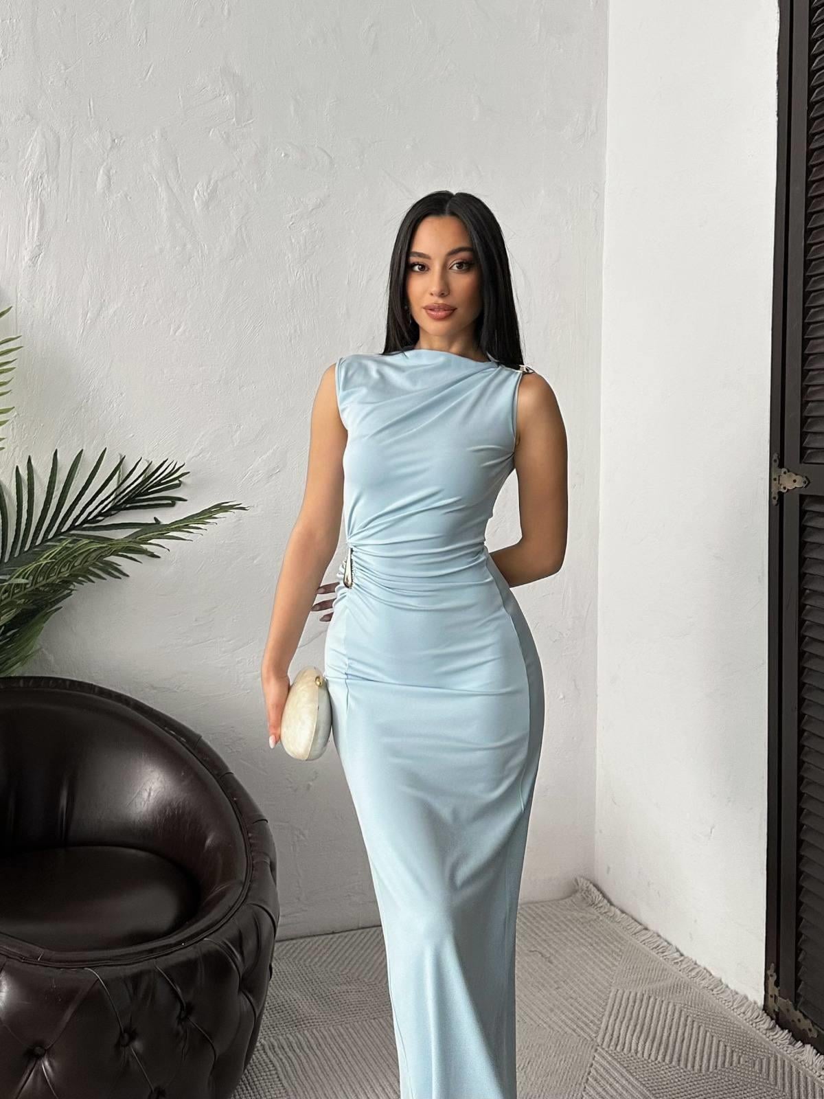 Minimal Glam Sandy Aksesuarlı Maxi Elbise