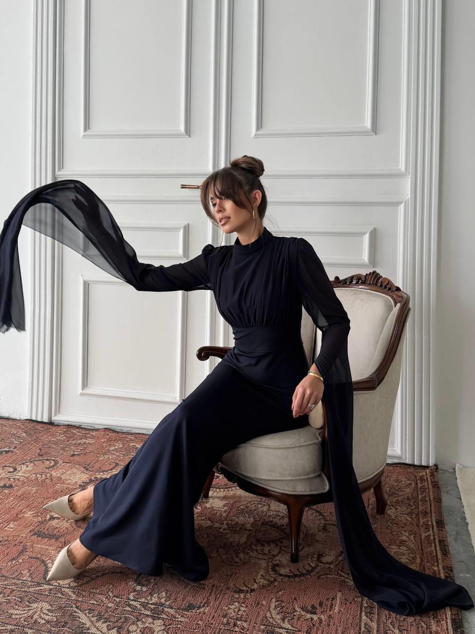 Karen Tül Kol Korsaj Bağlamalı Uzun Elbise