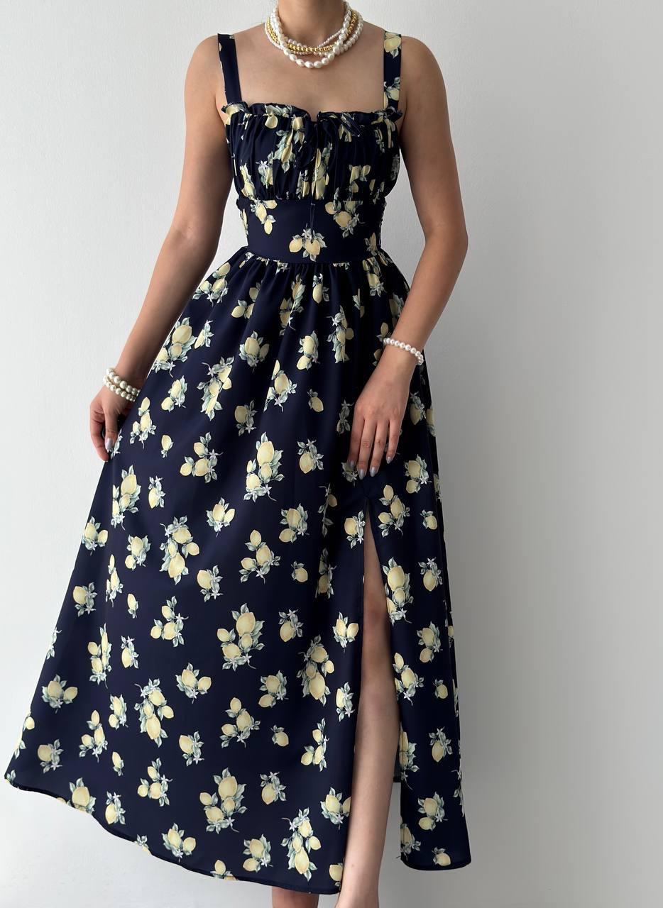 Lemon Baskılı Yırtmaç Detay Uzun Elbise