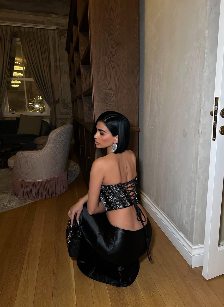 Kuş Gözü Bağlamalı Kristal Taş Detaylı Straplez Takım