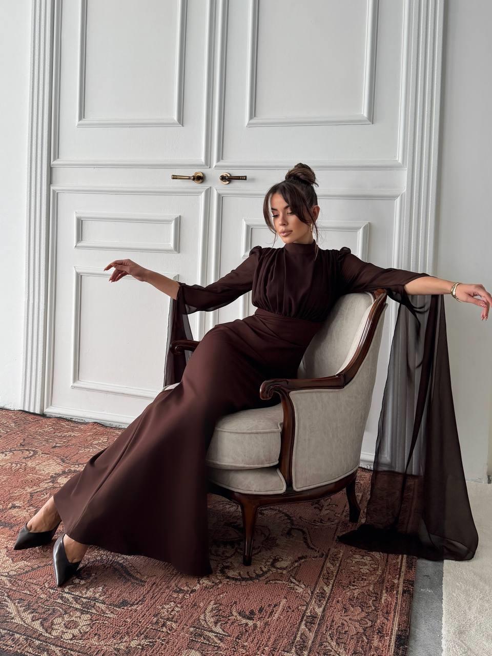 Karen Tül Kol Korsaj Bağlamalı Uzun Elbise