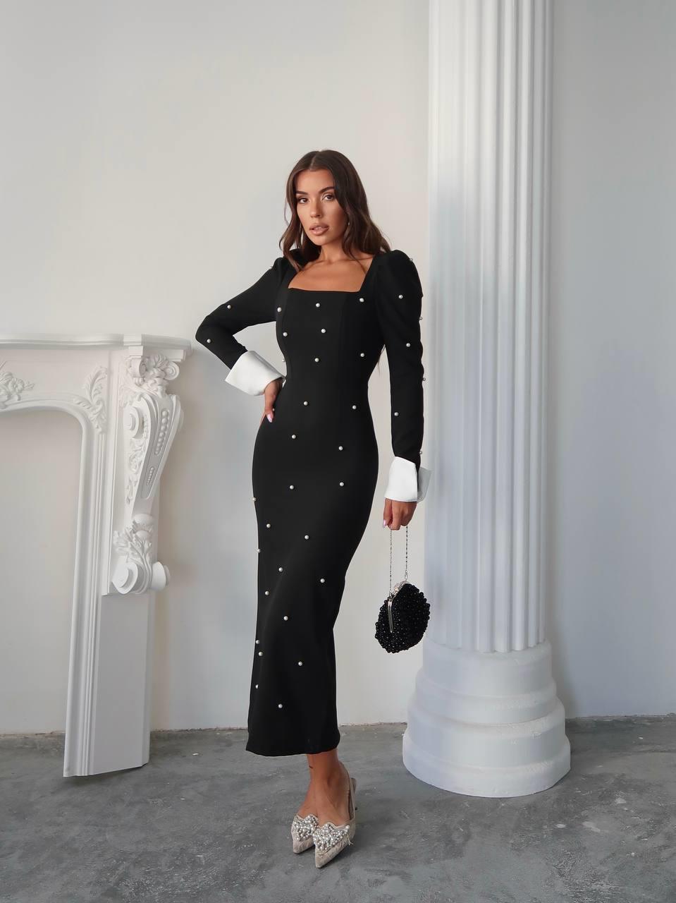 Kadın Tasarım İnci Taşlı Manşet Kol Detay Uzun Elbise