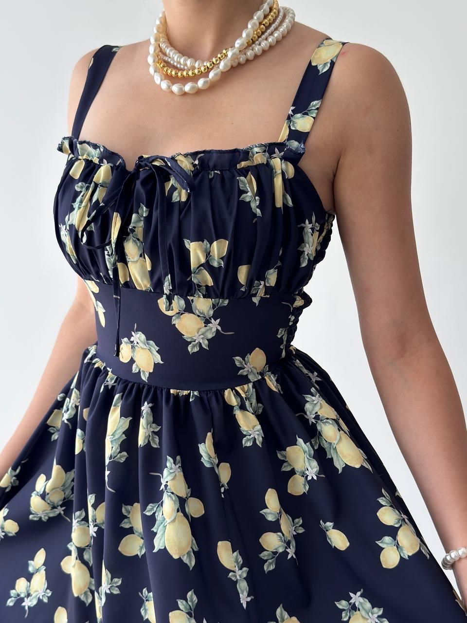 Lemon Baskılı Yırtmaç Detay Uzun Elbise