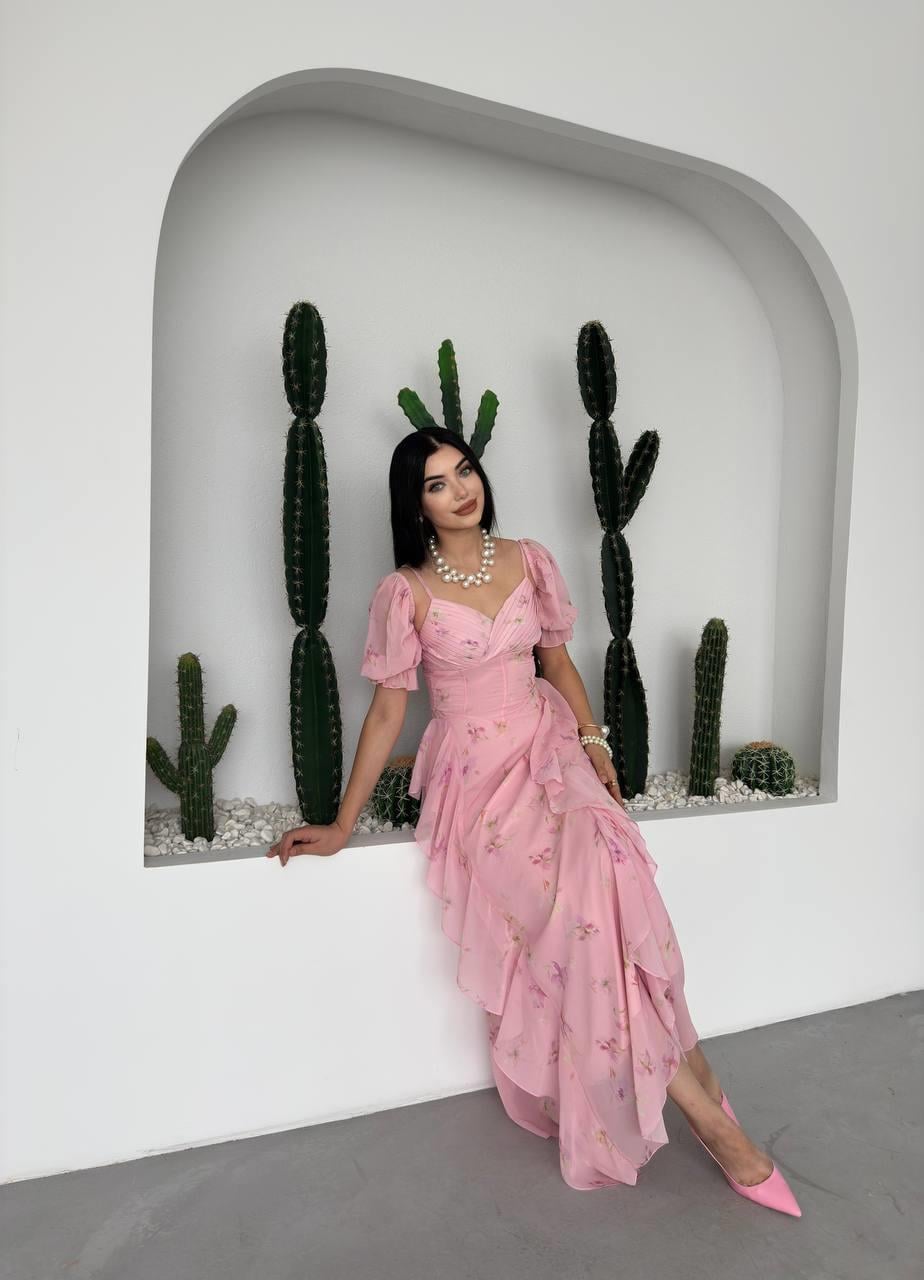 Lora Çiçekli Şifon Tasarım Elbise