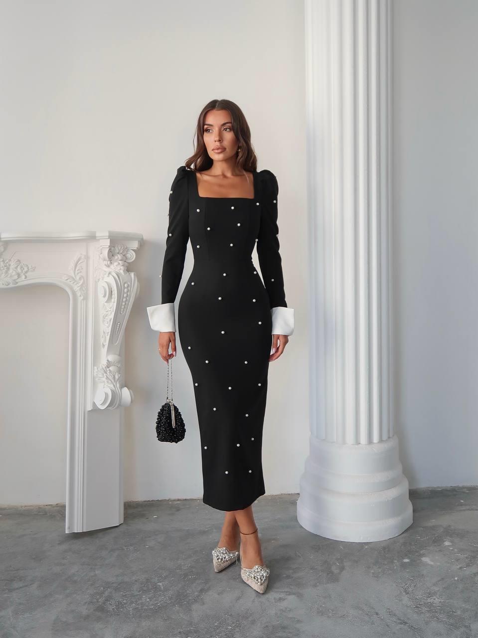 Kadın Tasarım İnci Taşlı Manşet Kol Detay Uzun Elbise