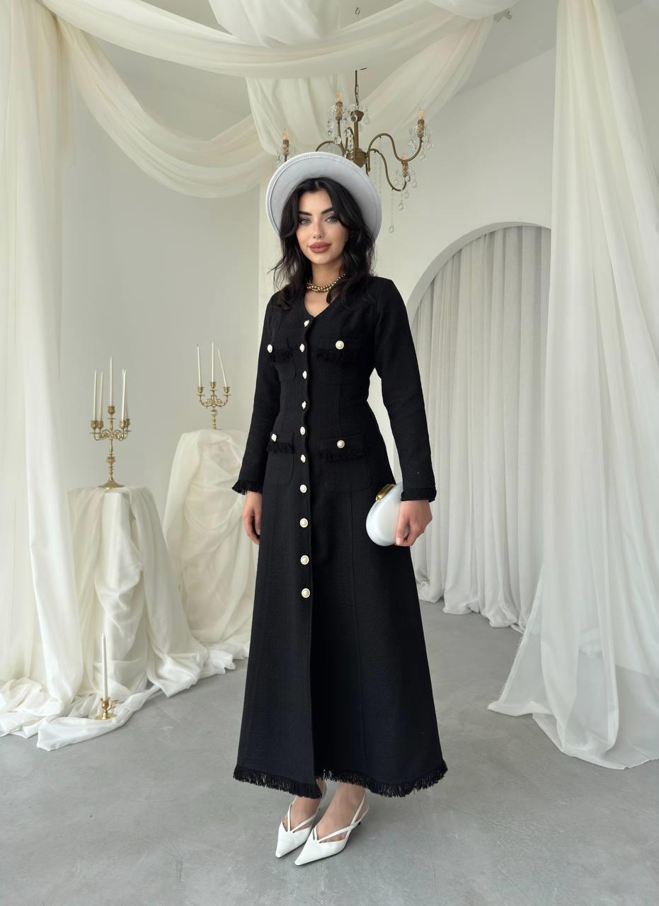 Fari Düğme Detaylı Uzun Elbise