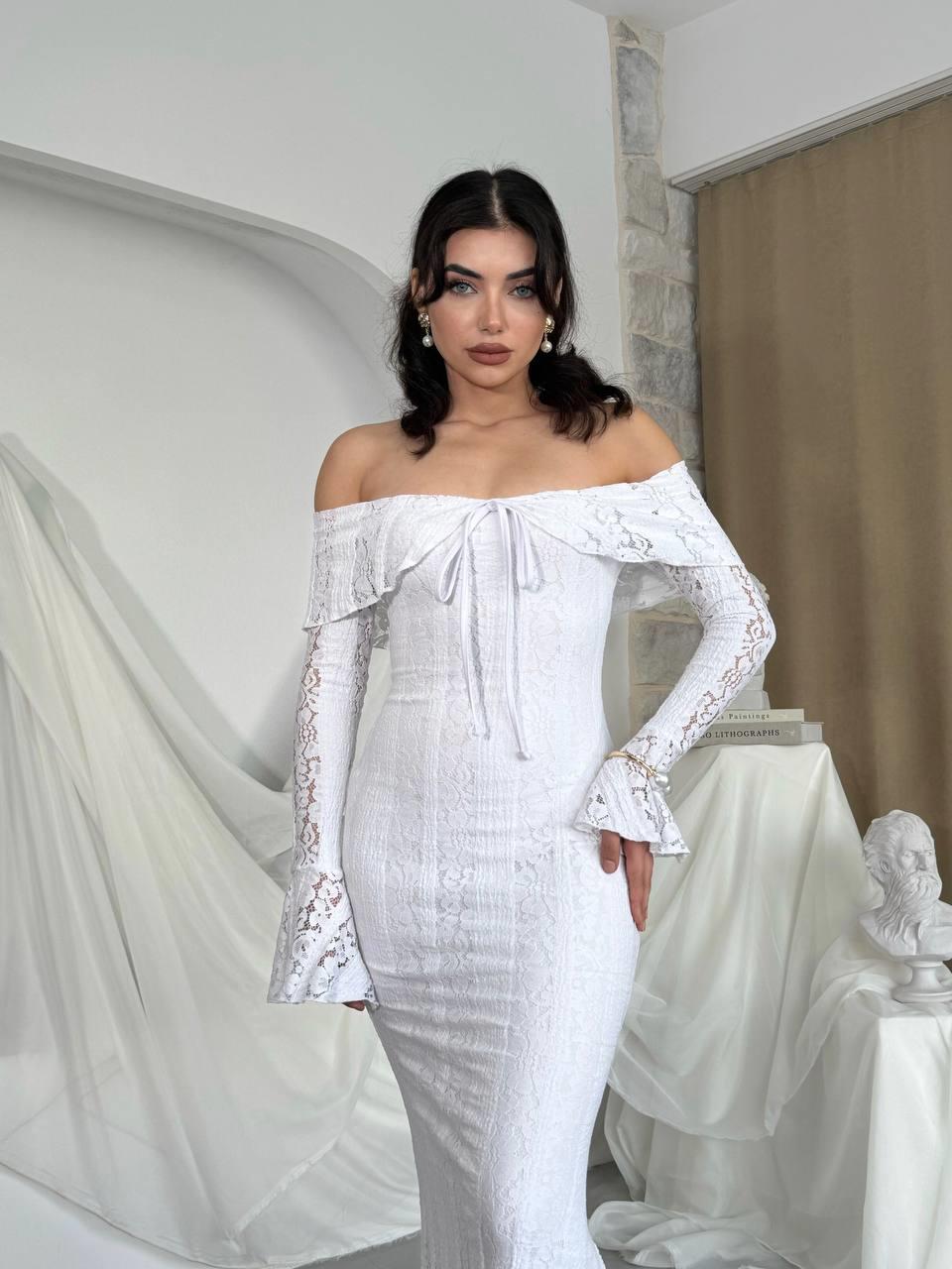 Lumina Dantel Kumaş Açık Omuz Uzun Elbise