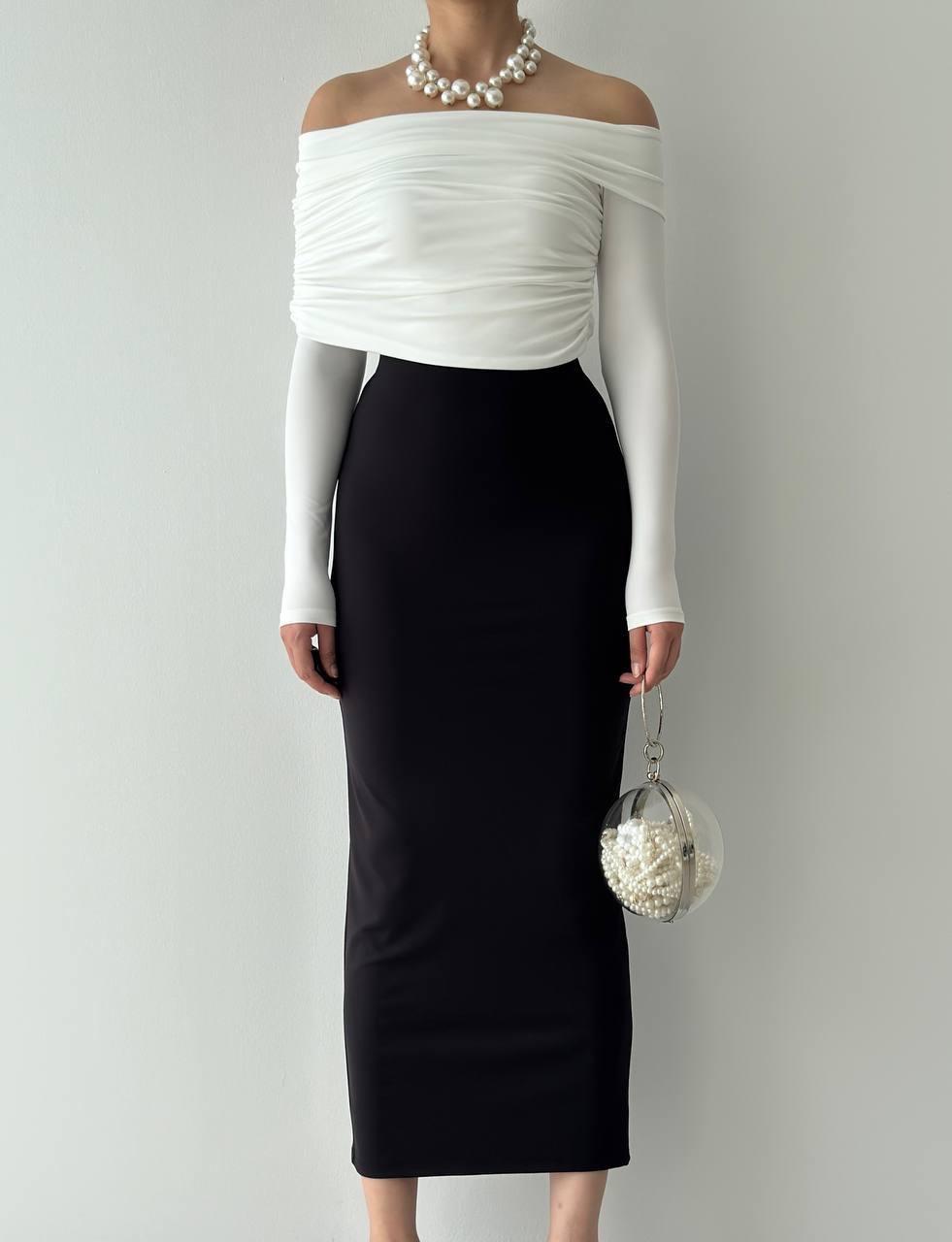 Ivory Drapeli Omuz Açık Detay Uzun Elbise