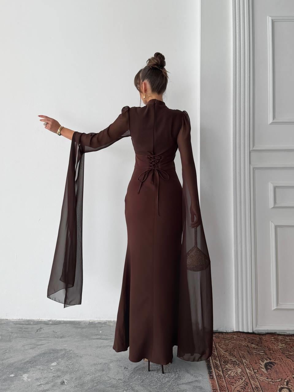 Karen Tül Kol Korsaj Bağlamalı Uzun Elbise