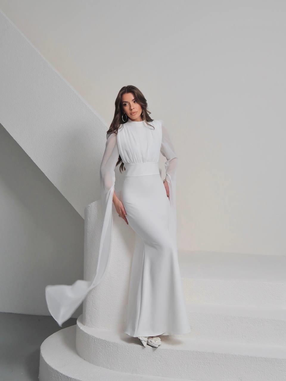 Karen Tül Kol Korsaj Bağlamalı Uzun Elbise