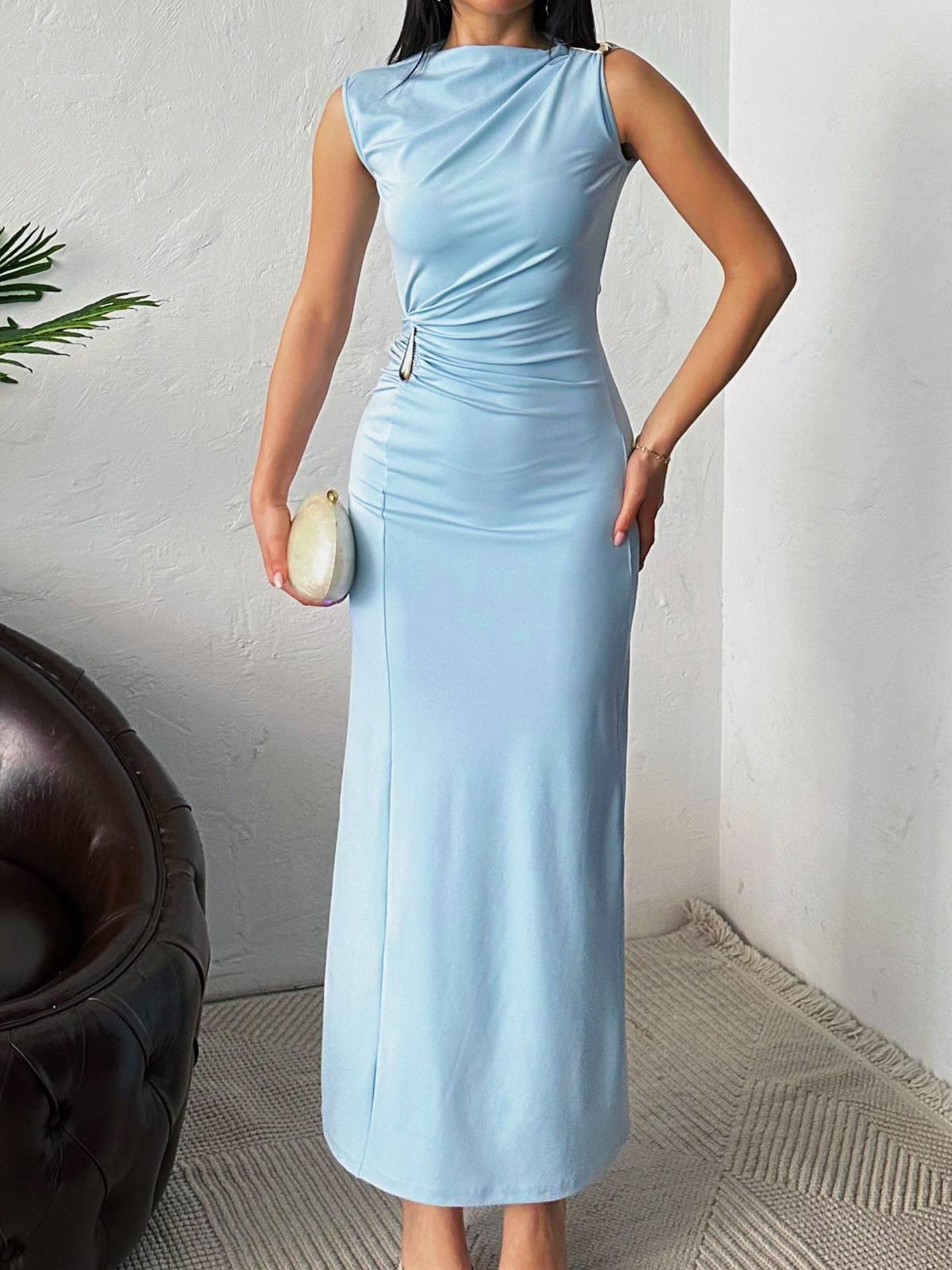 Minimal Glam Sandy Aksesuarlı Maxi Elbise