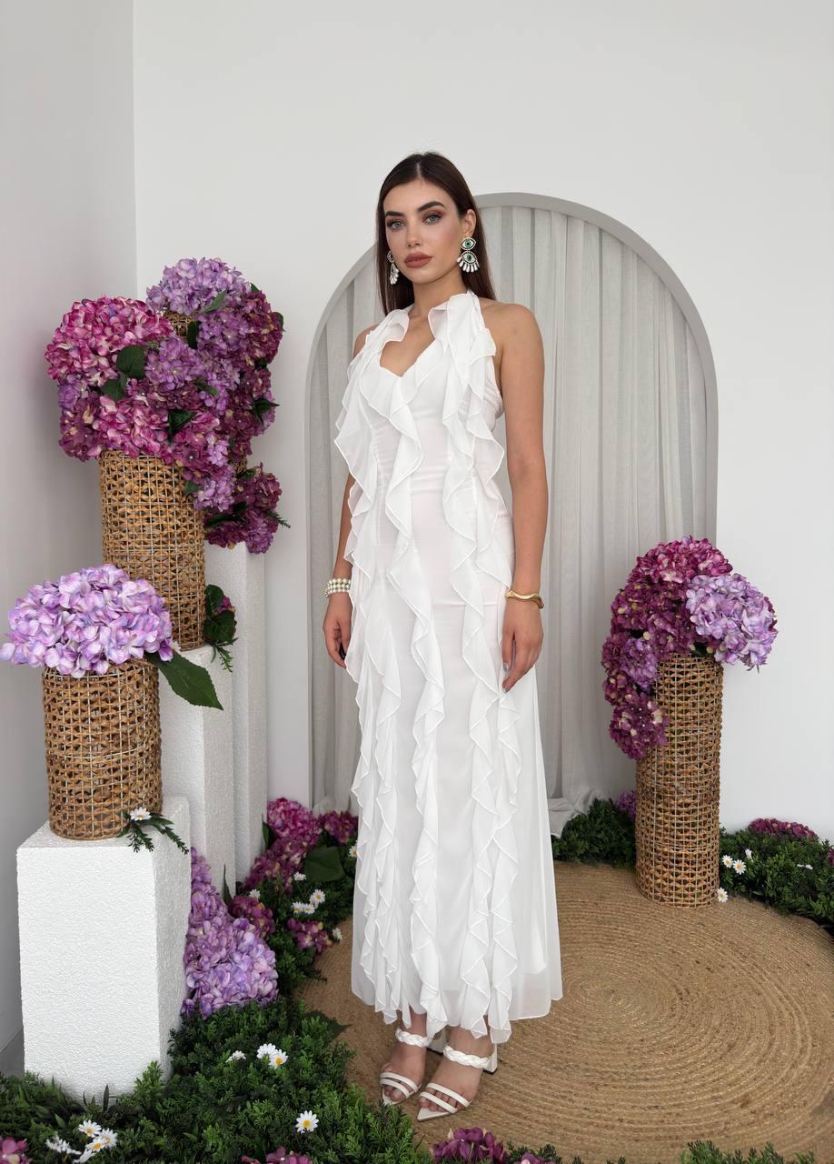 Lotus Şifon Fırfır Detay Uzun Elbise