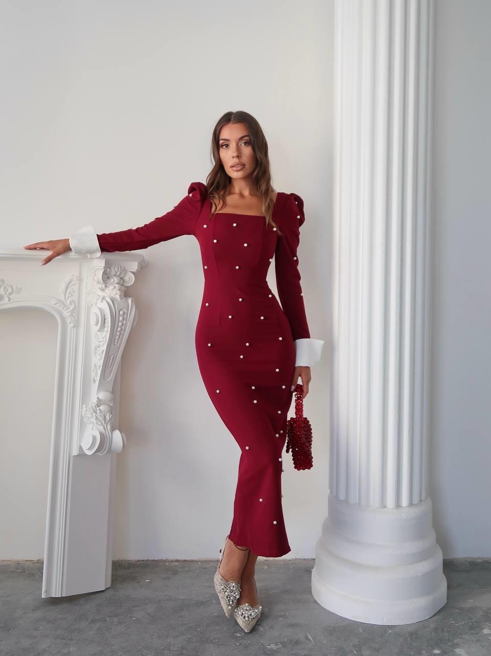 Kadın Tasarım İnci Taşlı Manşet Kol Detay Uzun Elbise