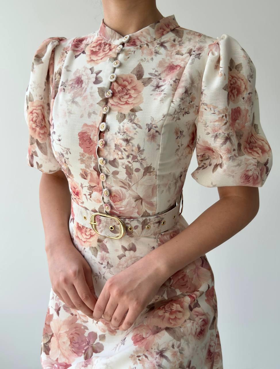 Alexa Çiçek Desenli Kemerli Uzun Elbise