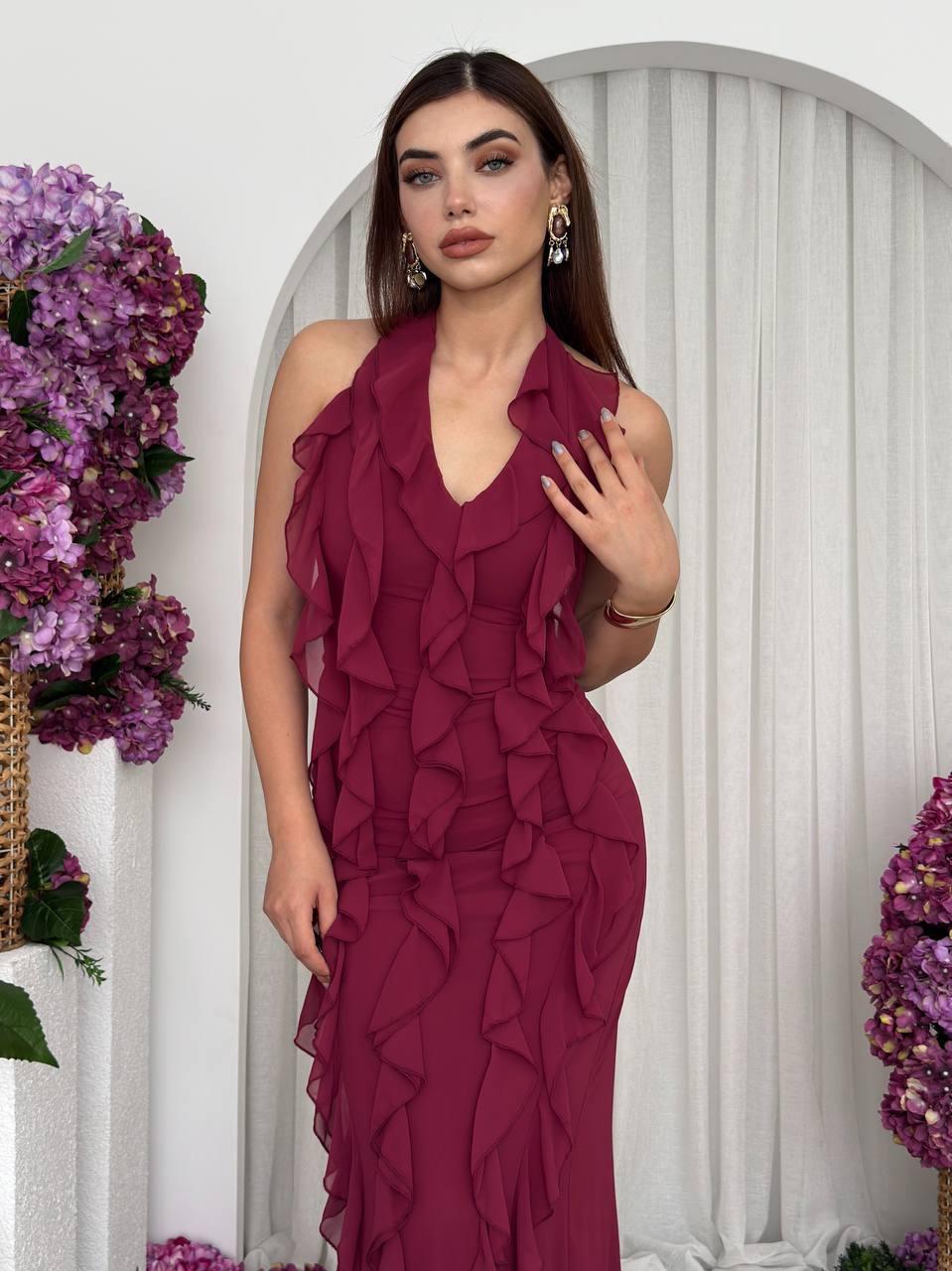 Lotus Şifon Fırfır Detay Uzun Elbise