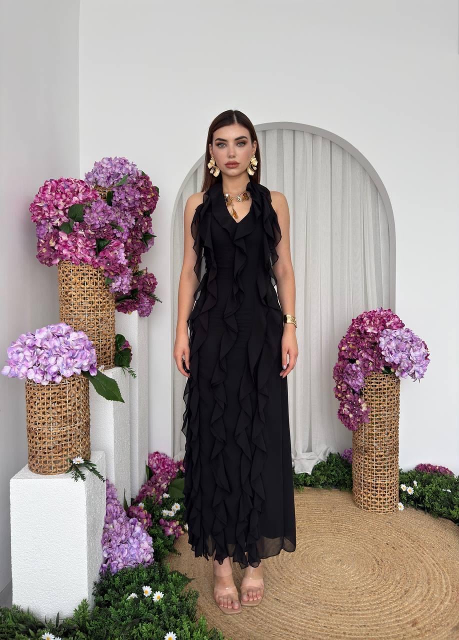 Lotus Şifon Fırfır Detay Uzun Elbise