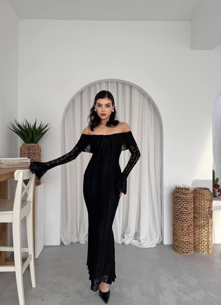 Lumina Dantel Kumaş Açık Omuz Uzun Elbise