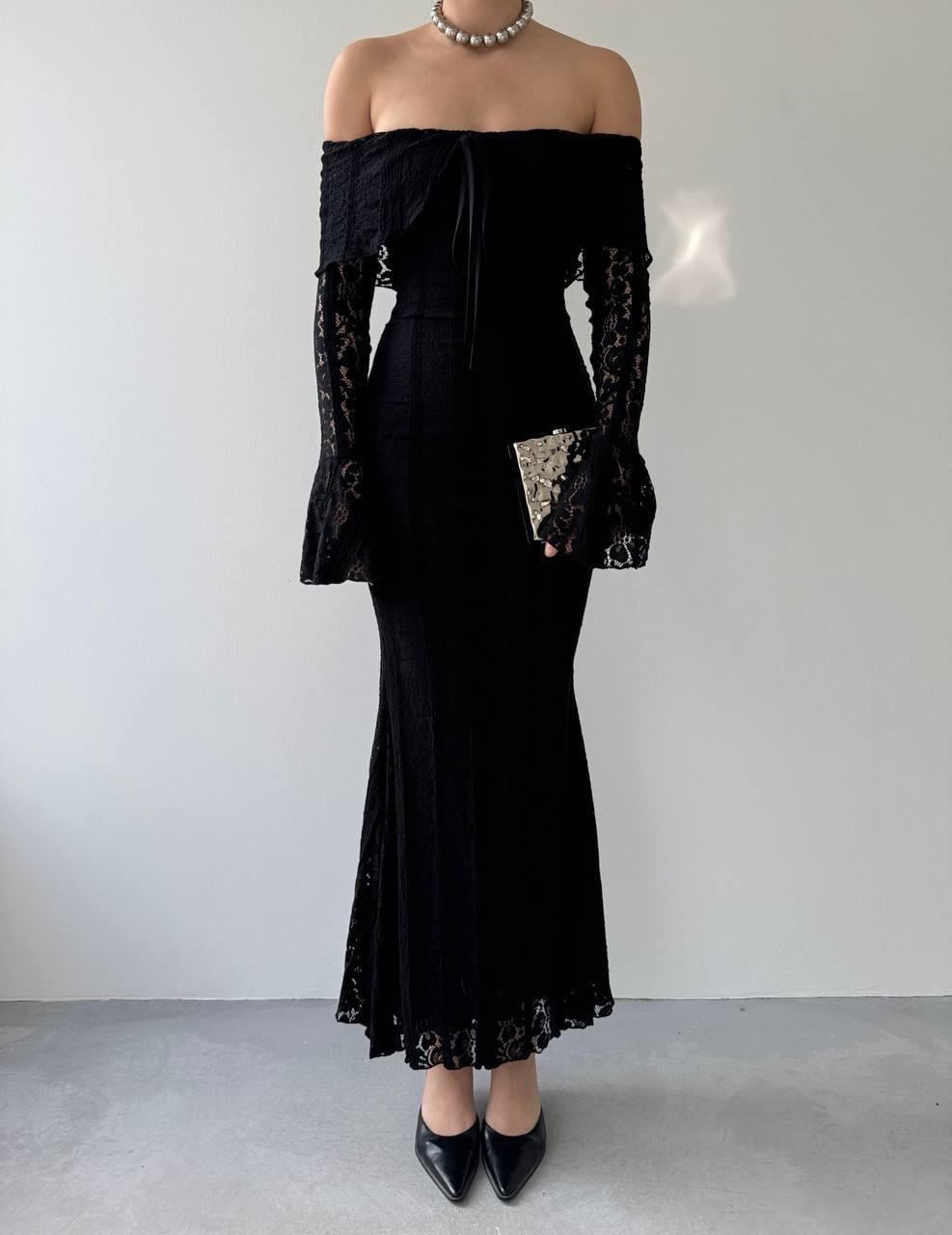 Lumina Dantel Kumaş Açık Omuz Uzun Elbise