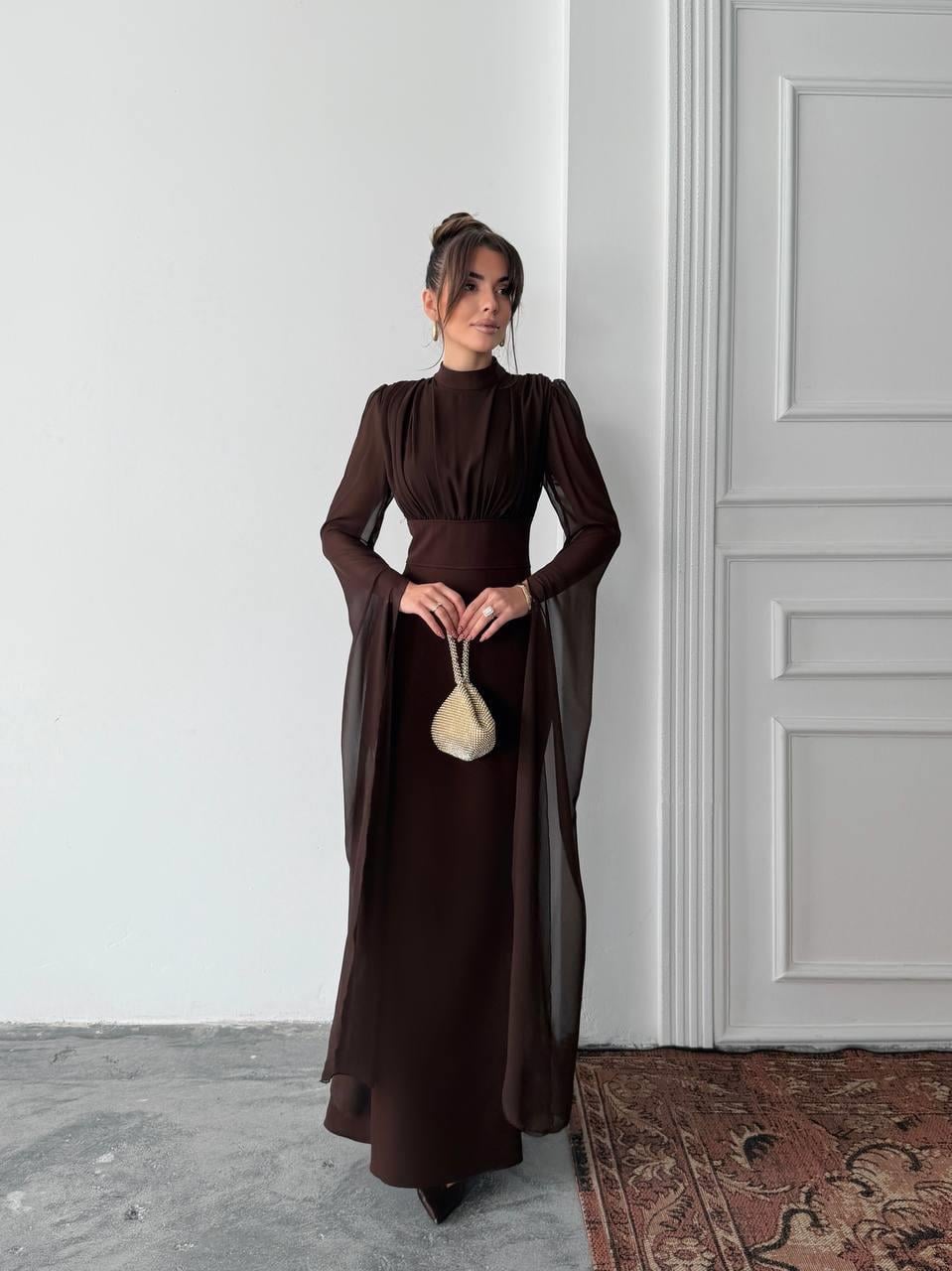 Karen Tül Kol Korsaj Bağlamalı Uzun Elbise