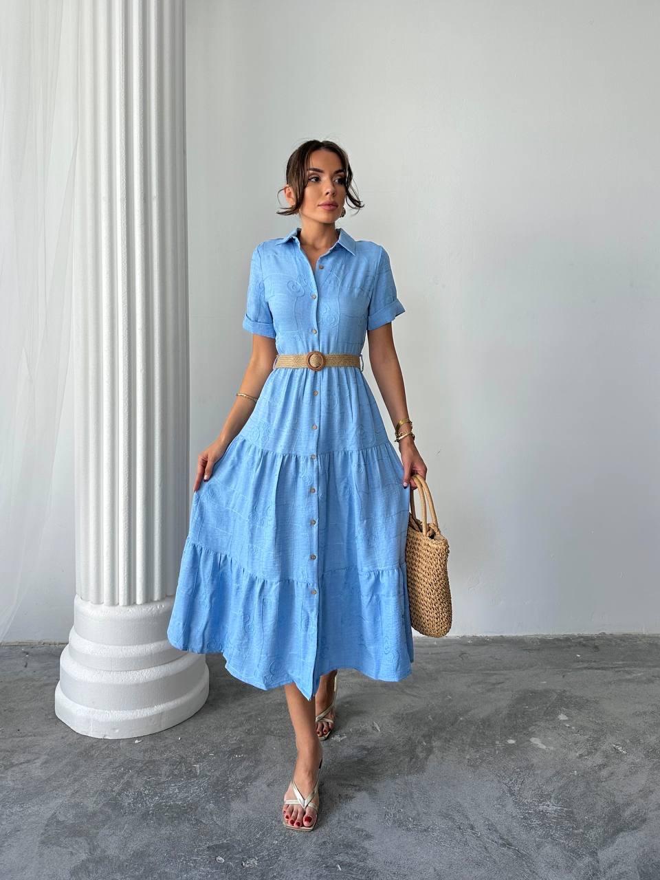 Sofya Keten Kemerli Mİdi Elbise