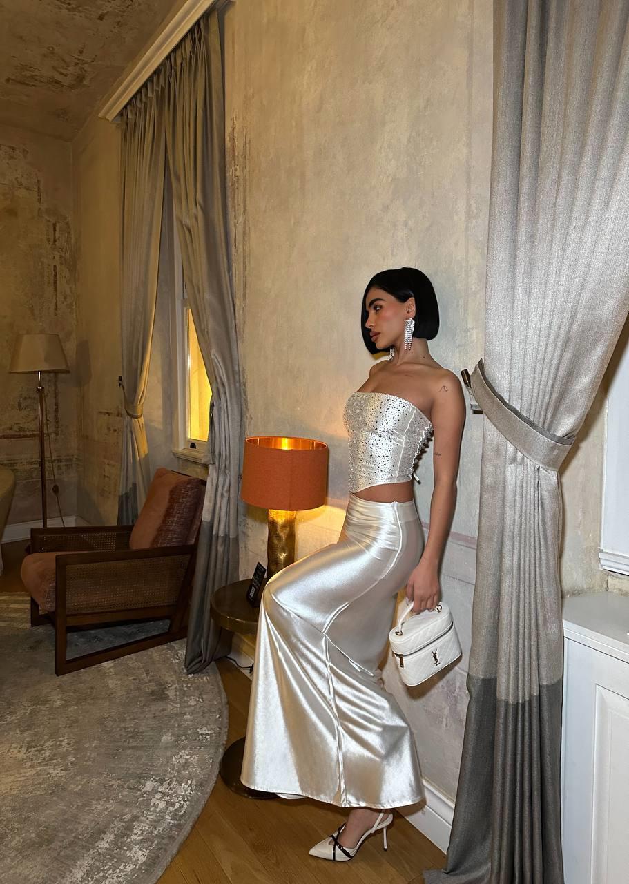 Kuş Gözü Bağlamalı Kristal Taş Detaylı Straplez Takım 