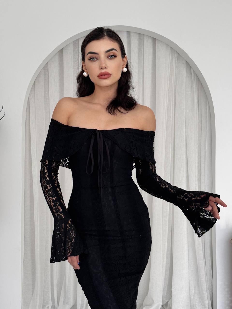 Lumina Dantel Kumaş Açık Omuz Uzun Elbise