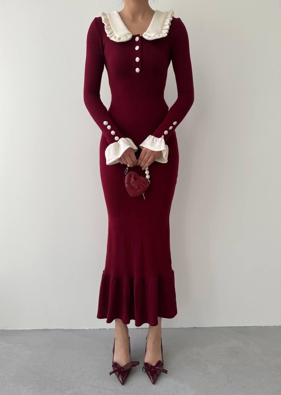 Arlena Retro Fırfır Detay Uzun Triko Elbise