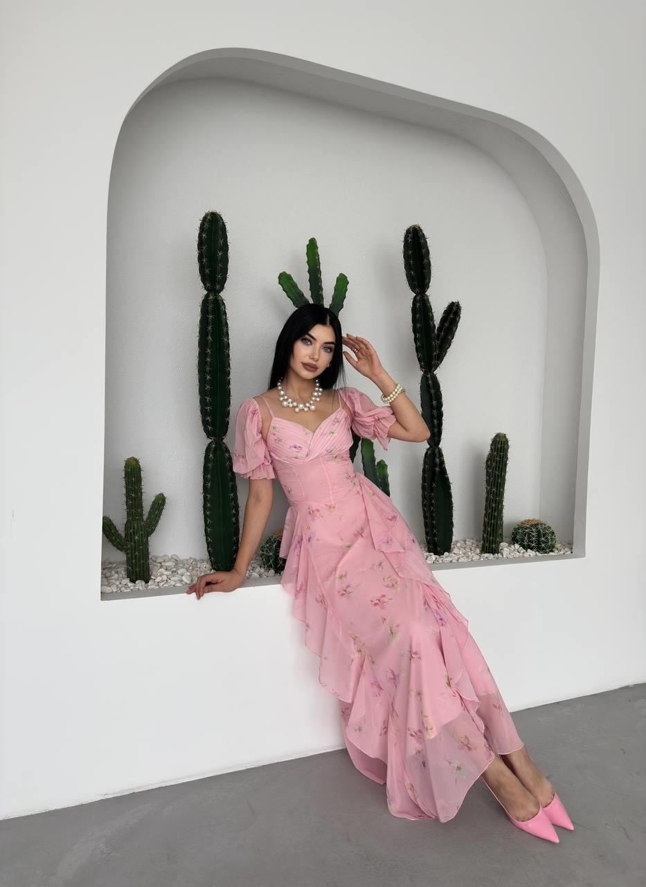 Lora Çiçekli Şifon Tasarım Elbise