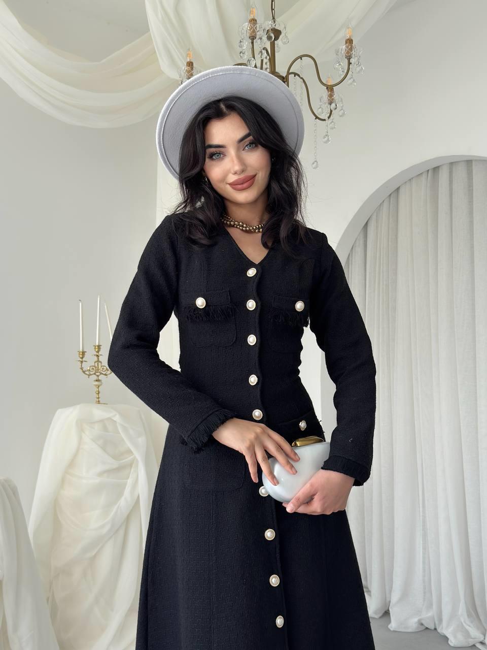 Fari Düğme Detaylı Uzun Elbise