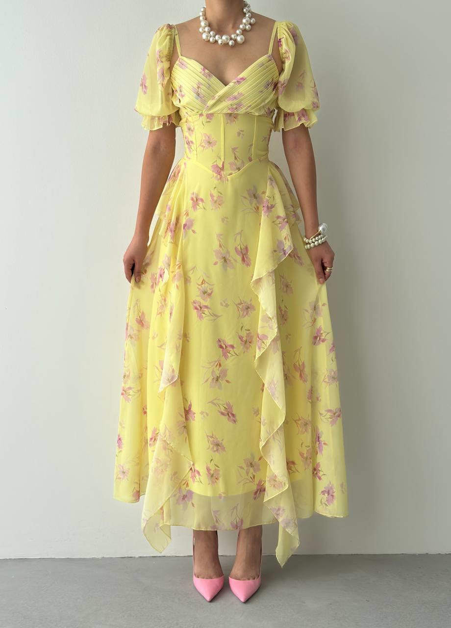 Lora Çiçekli Şifon Tasarım Elbise