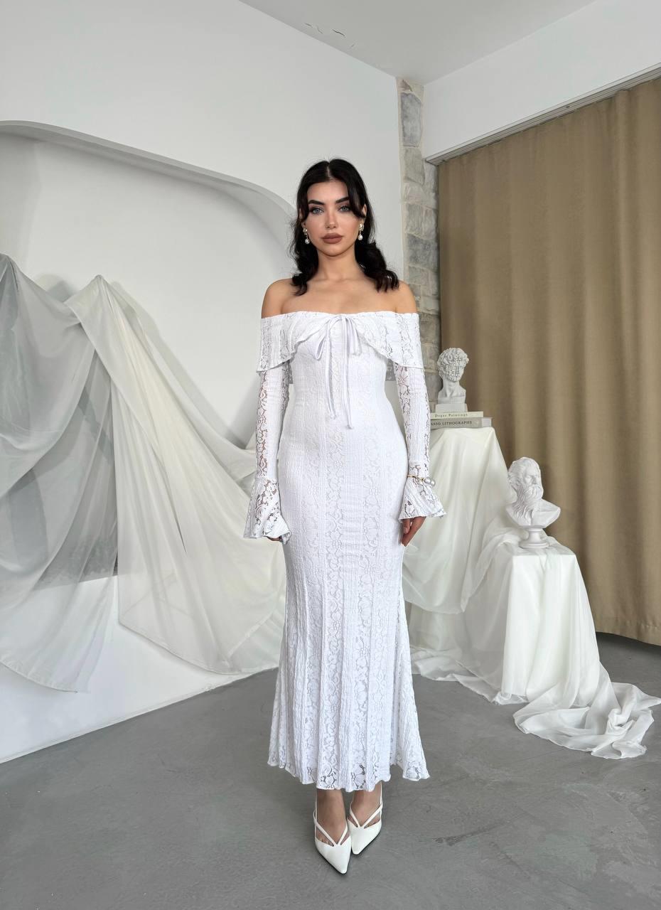 Lumina Dantel Kumaş Açık Omuz Uzun Elbise
