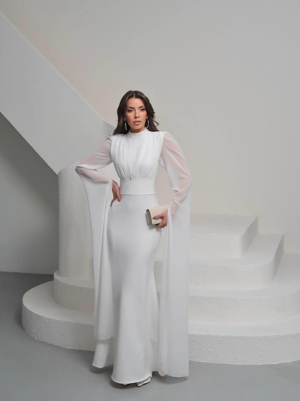 Karen Tül Kol Korsaj Bağlamalı Uzun Elbise