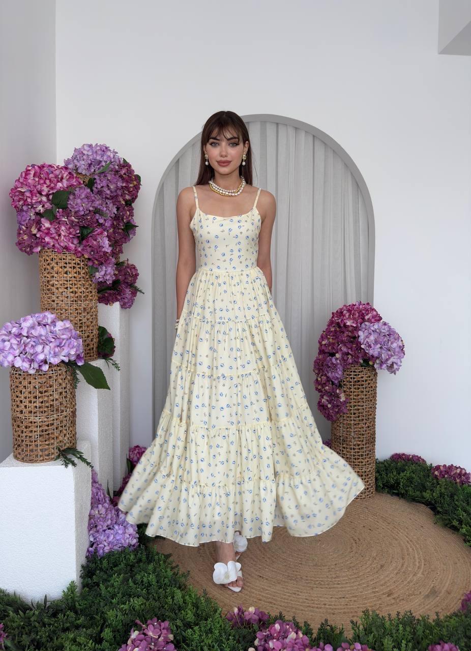 Mersi İp Askılı Çiçek Detay Uzun Elbise