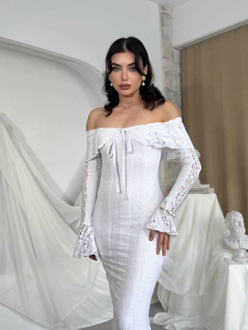 Lumina Dantel Kumaş Açık Omuz Uzun Elbise