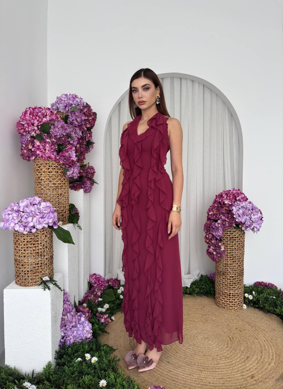 Lotus Şifon Fırfır Detay Uzun Elbise