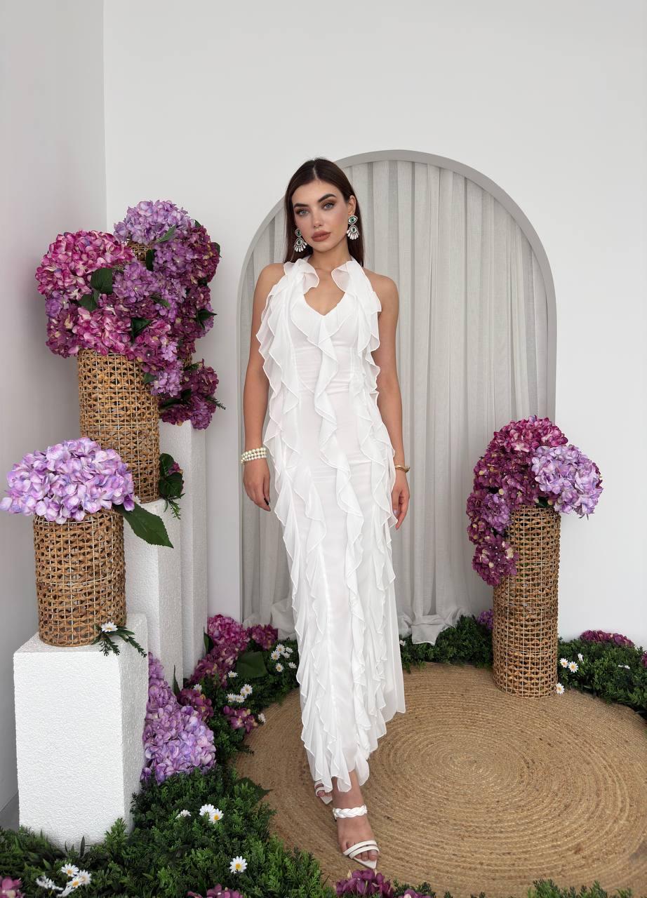 Lotus Şifon Fırfır Detay Uzun Elbise