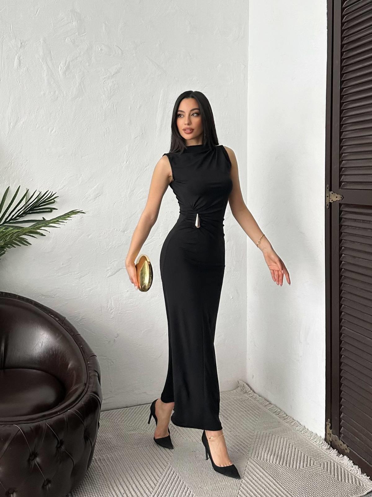 Minimal Glam Sandy Aksesuarlı Maxi Elbise