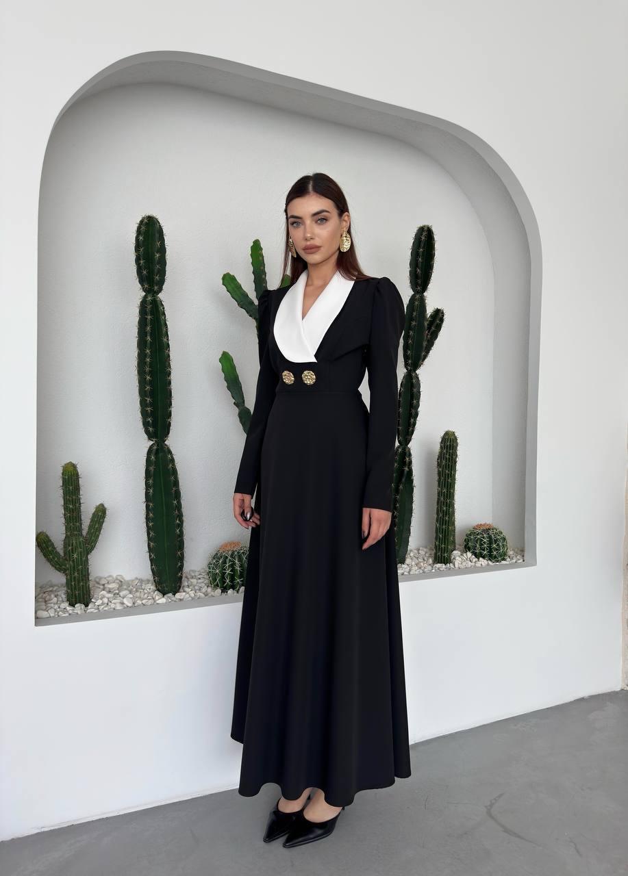 Velora Düğme Detay Vatkalı Uzun Elbise 