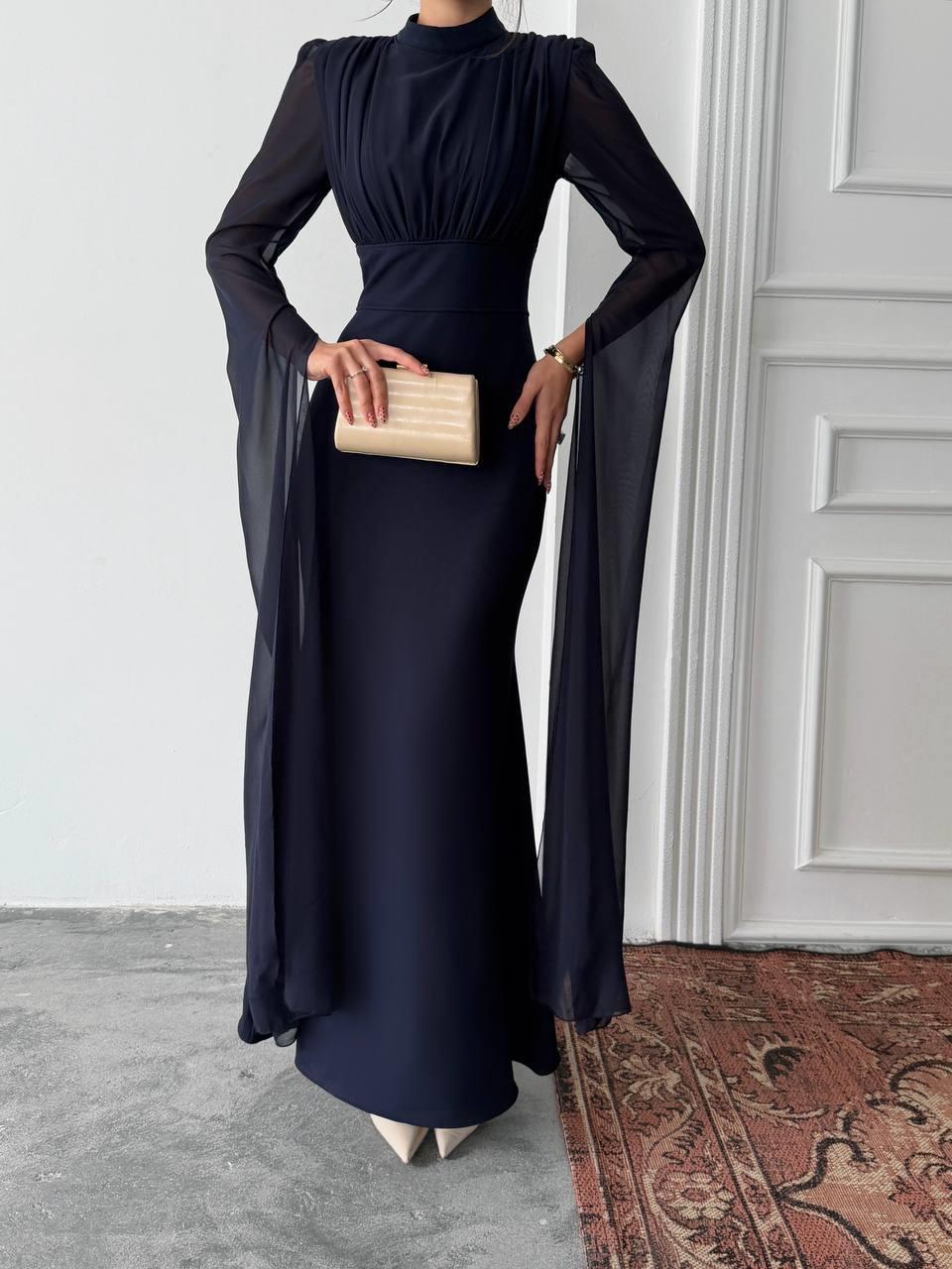 Karen Tül Kol Korsaj Bağlamalı Uzun Elbise