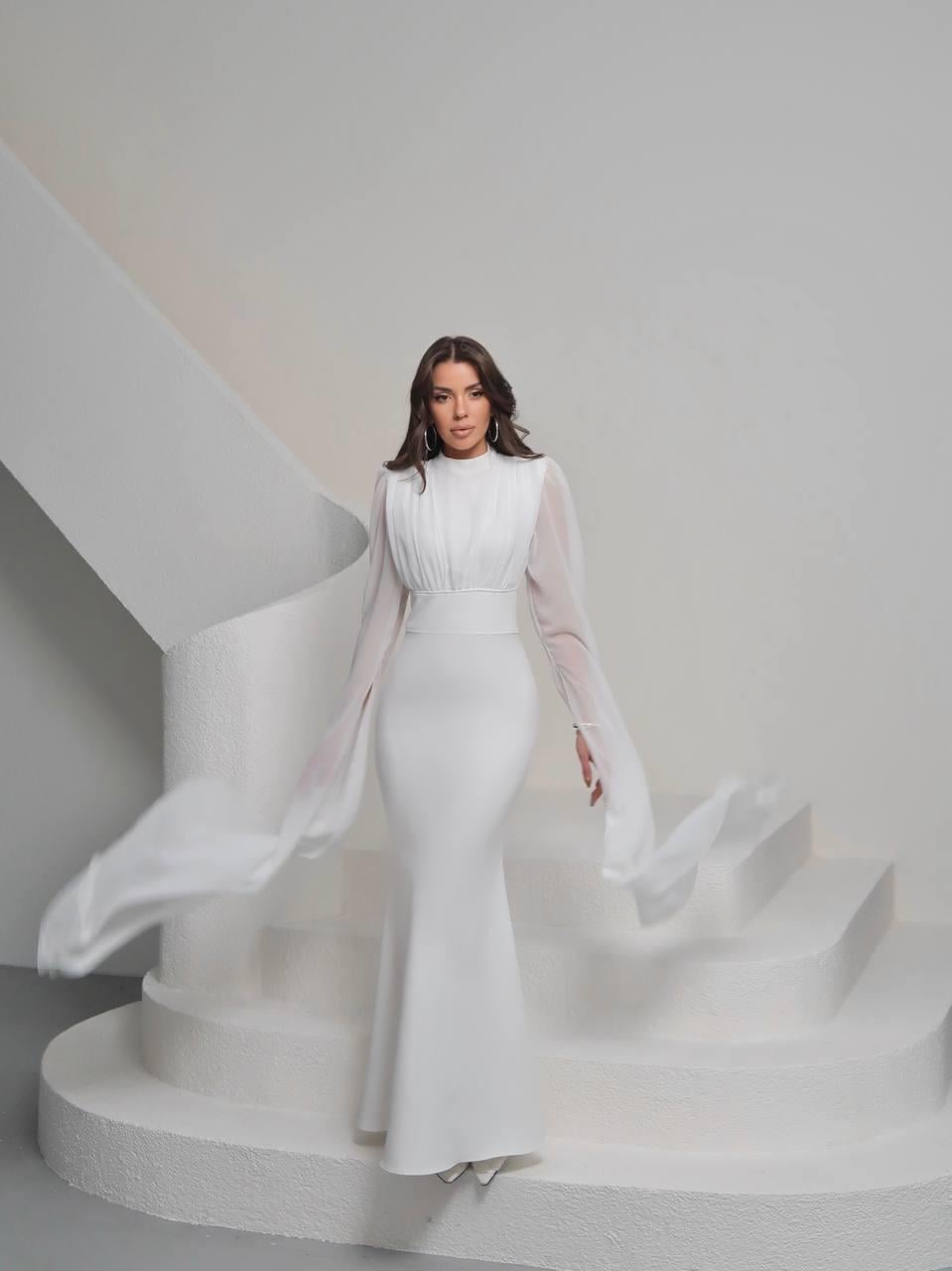 Karen Tül Kol Korsaj Bağlamalı Uzun Elbise