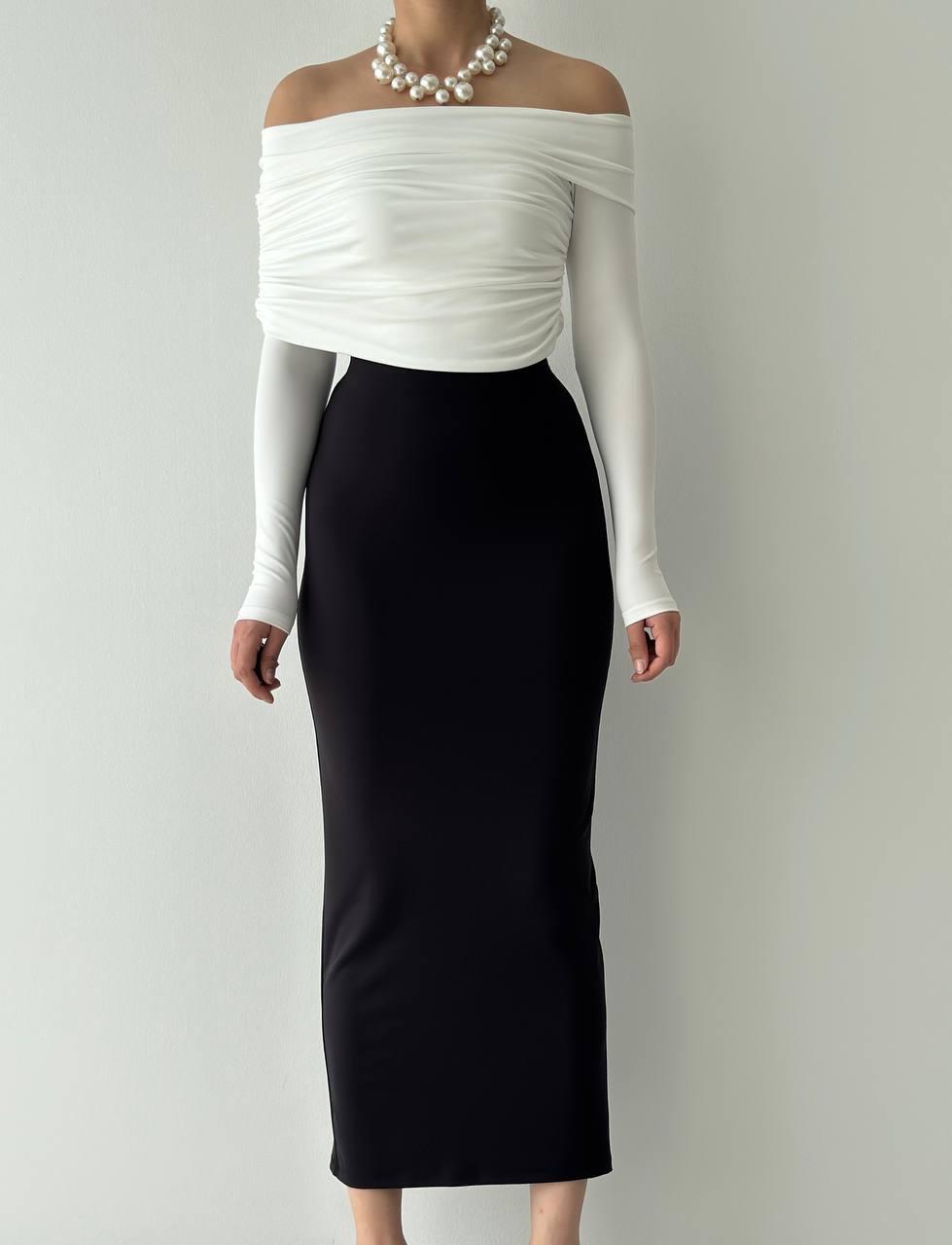 Ivory Drapeli Omuz Açık Detay Uzun Elbise